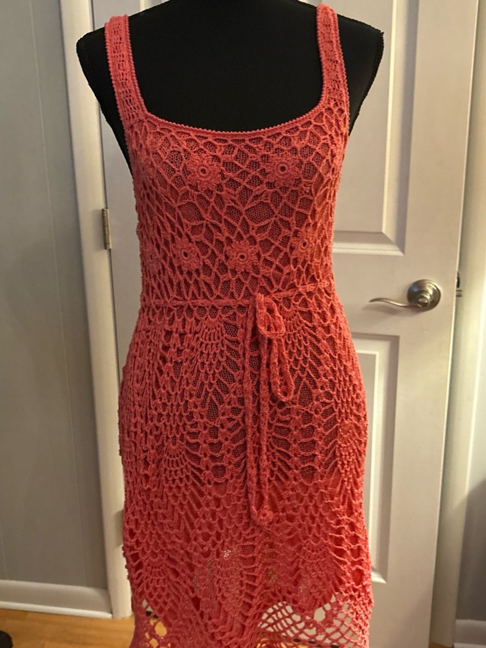 Crochet Coral Beach Dress - Sleeveless Tie Waist